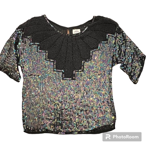 Vintage Original 80's 90's Black Sequins Beaded Top Blouse F.A. Chatta Medium - Picture 5 of 12